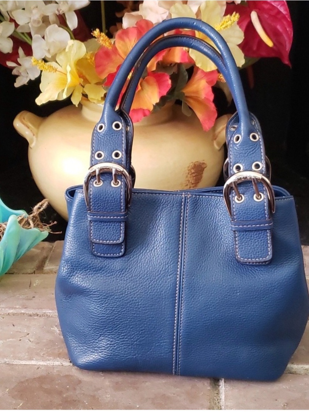 Tignanello Vintage Y2K Blue Genuine Leather Buckle Tote Shoulder Purse